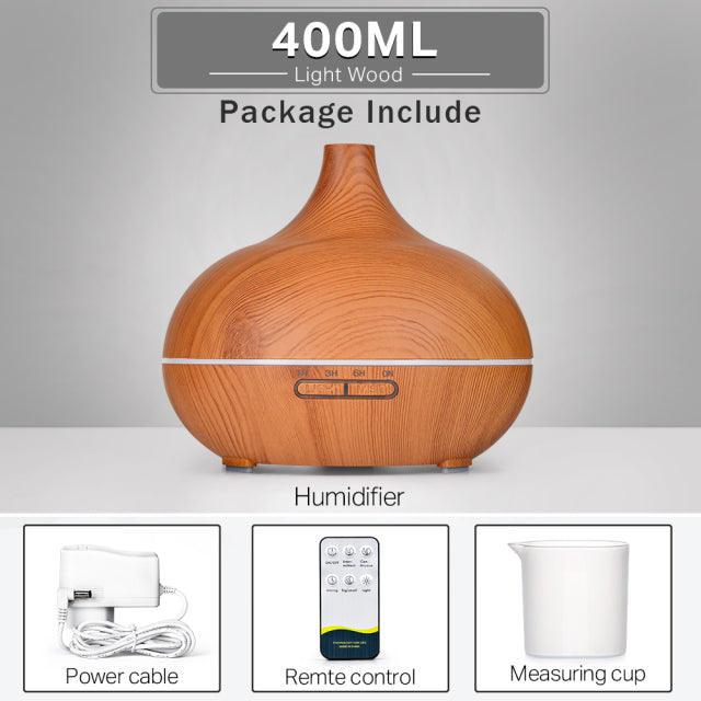Difusor de óleo essencial de aromaterapia grão de madeira controle remoto umidificador de ar ultra-sônico fresco com luz LED de 7 cores